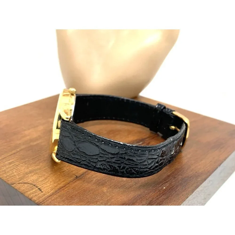 Benrus Women's Watch Quartz Vintage Black Dial Date Gold Leather Band 32mm